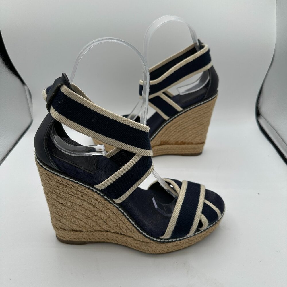 TORY BURCH Navy Blue & Cream Contrast Elastic Espadrille Wedges Women's 6B
